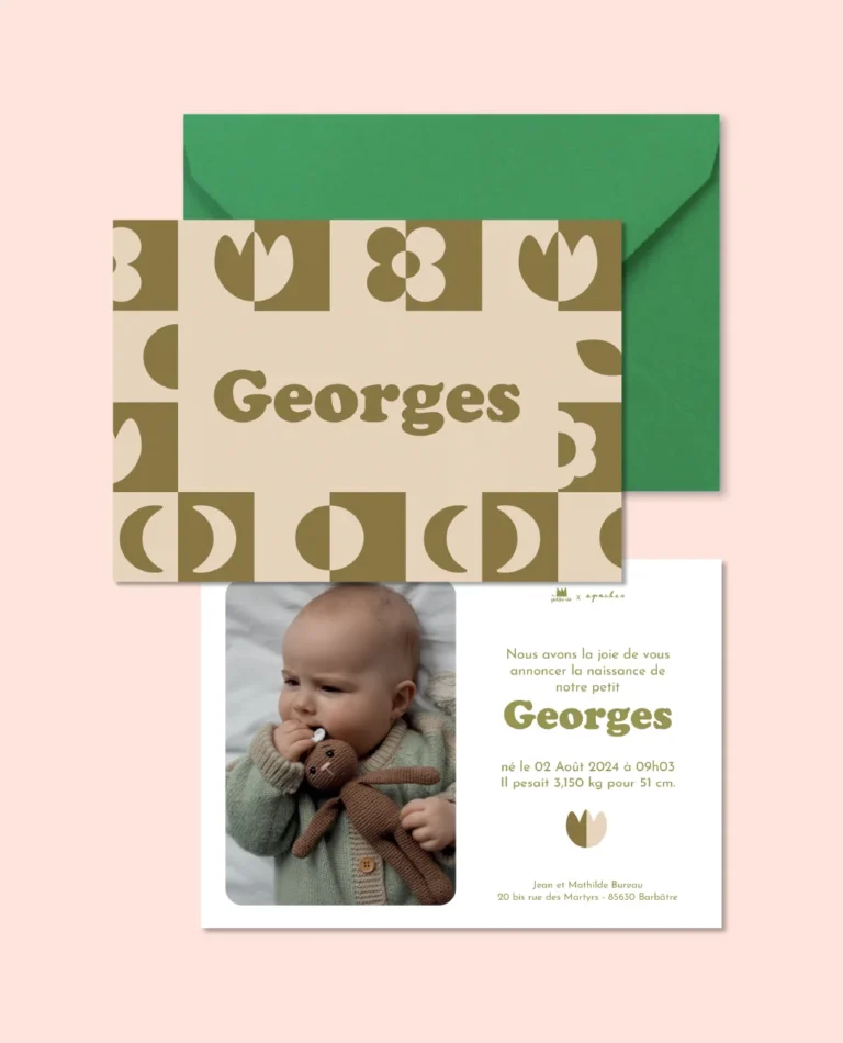 Faire-part de naissance beige avec des damiers, Apaches collections et Ma petite vie.