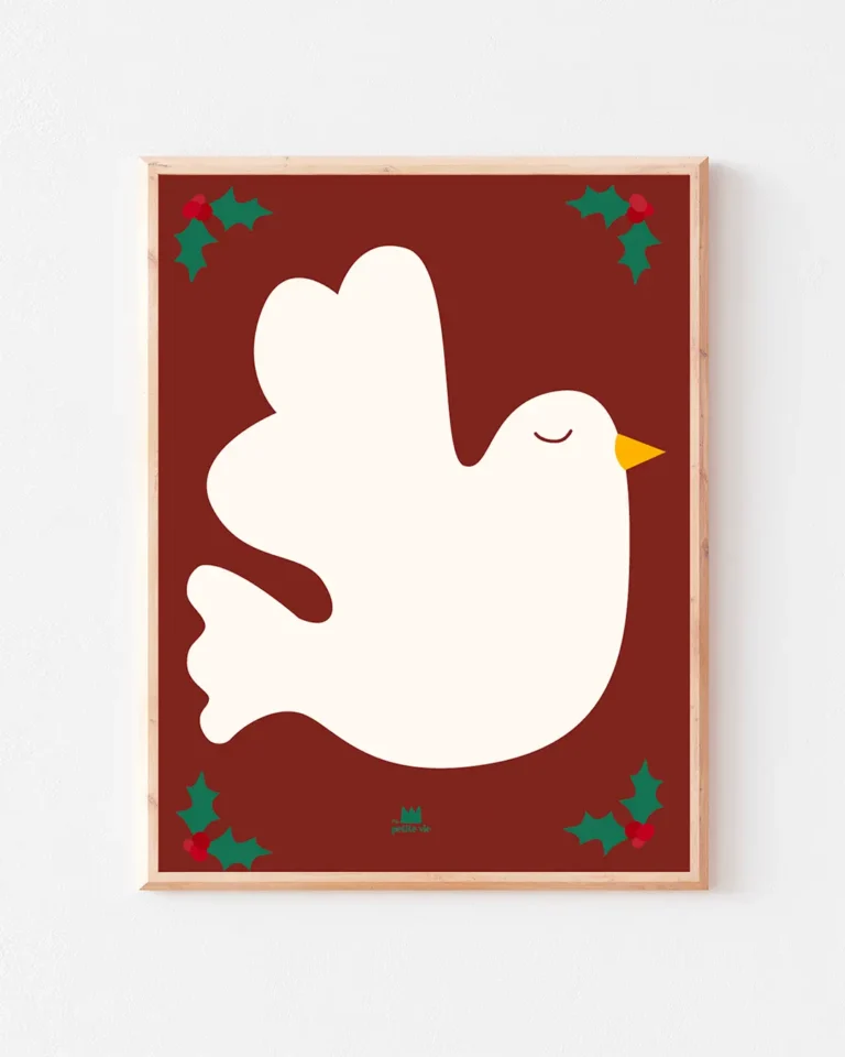 Affiche d'un oiseau blanc sur un fond bordeaux avec des houx dans le coin, affiche illustrée et colorée.