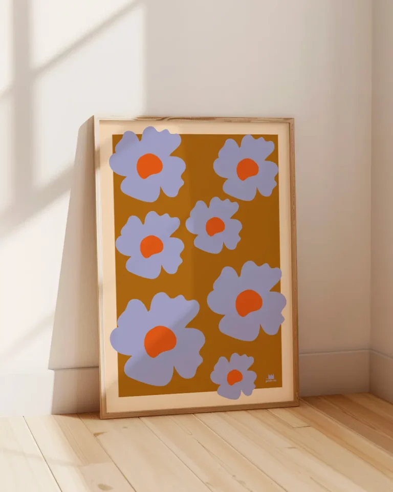 Affiche fleurs bleues en grand format, marron et violet.