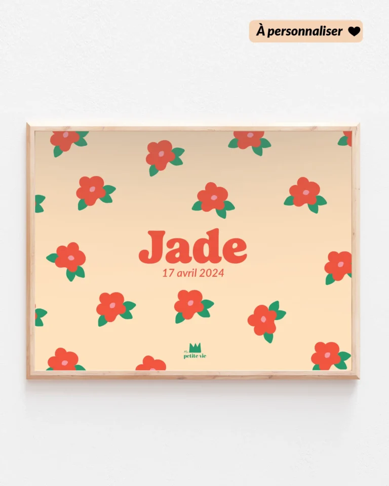 Affiche à personnaliser avec des fleurs rouges pour prénom enfant