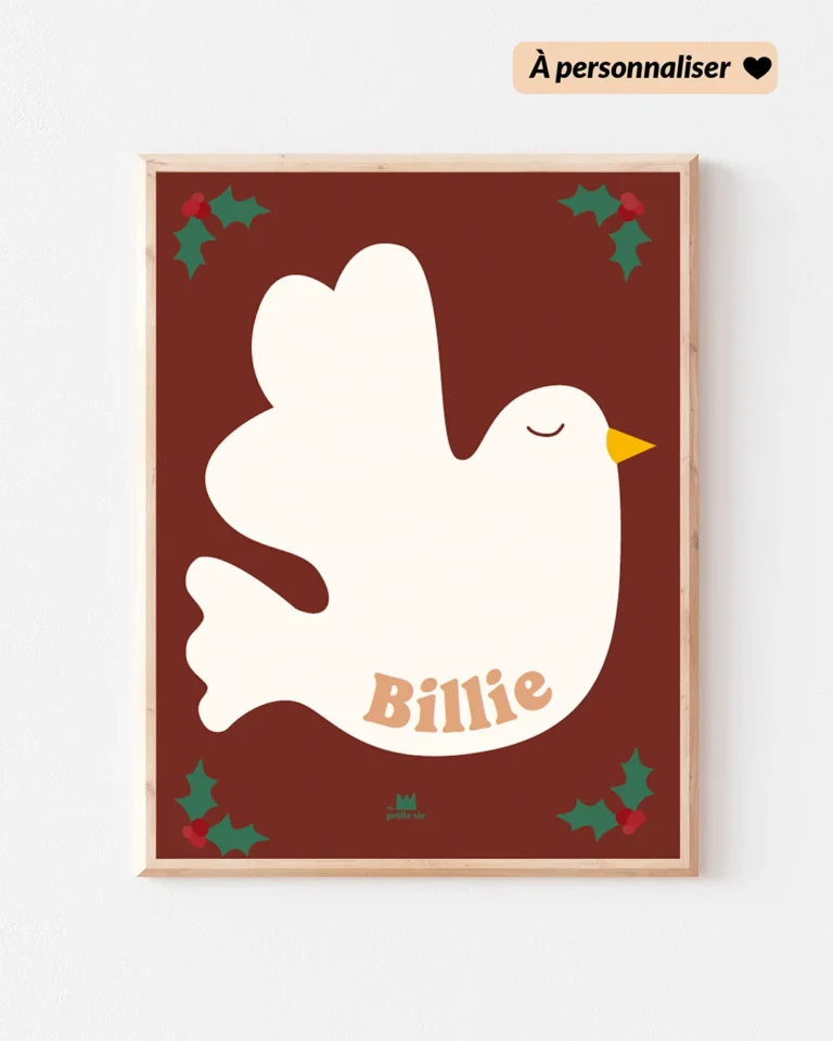 Affiche d'un oiseau blanc sur un fond bordeaux avec des houx dans le coin, affiche illustrée et colorée. Personnalisation avec le prénom.