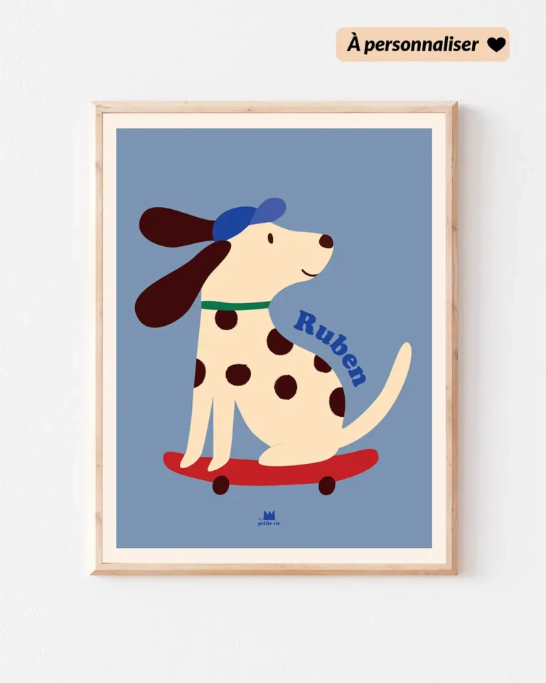 Affiche dalmatien sur un skate à personnaliser au prénom de l'enfant.