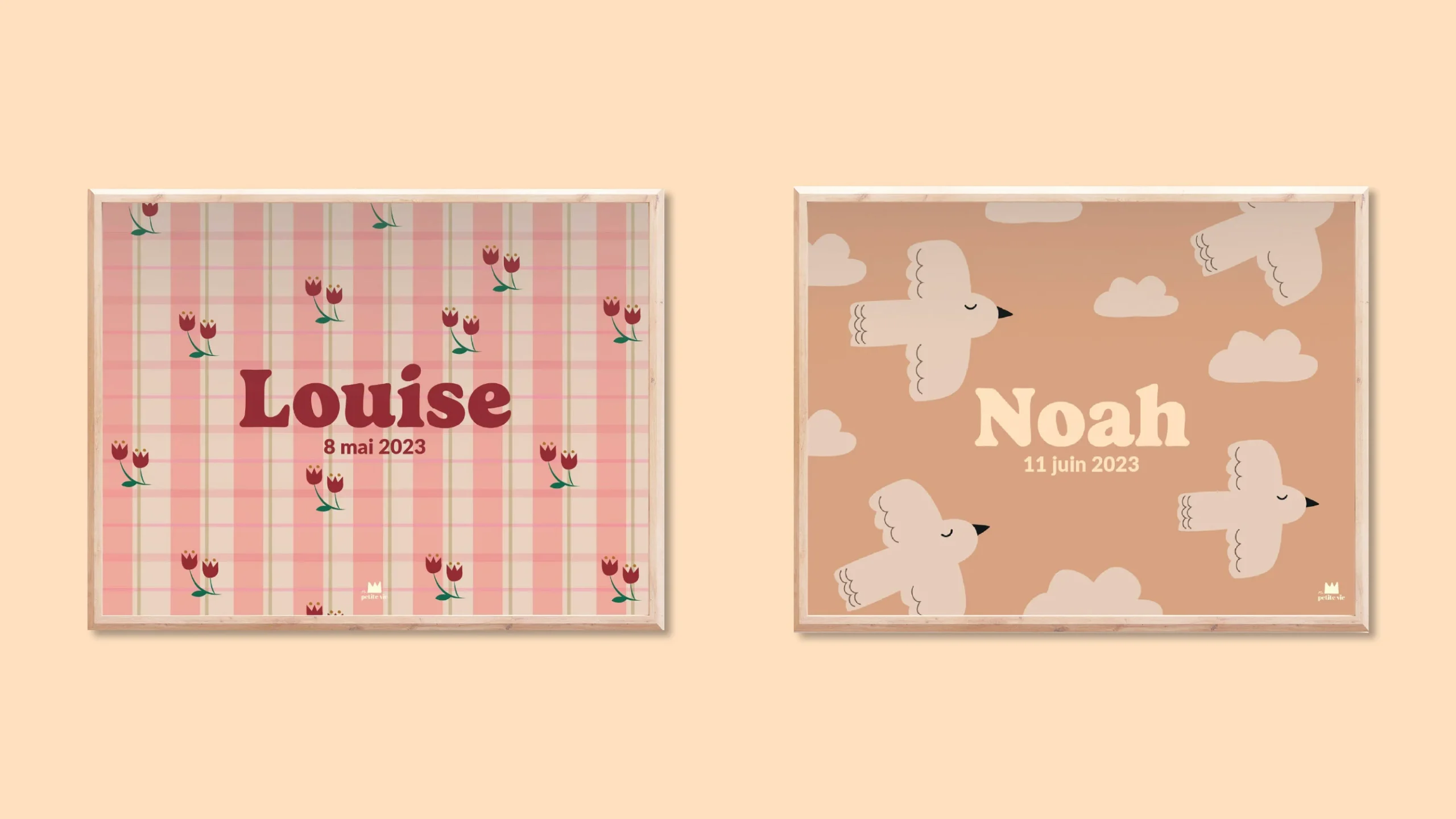 affiches prénoms personnalisables pour enfants avec des fleurs et des oiseaux