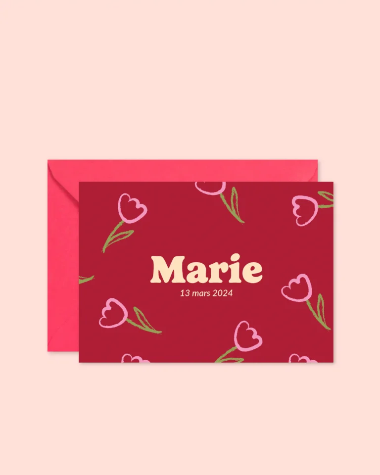 Faire-part de naissance rouge et fleurs, idéal pour les amoureux de l'amour.