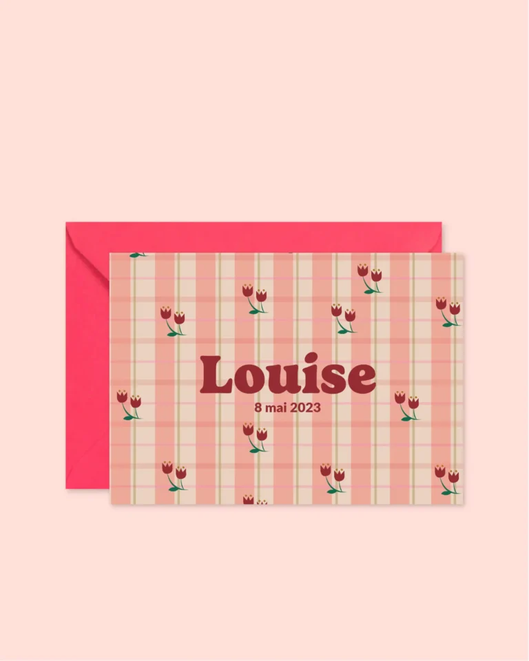 Faire part de naissance à rayures roses et des fleurs roses.