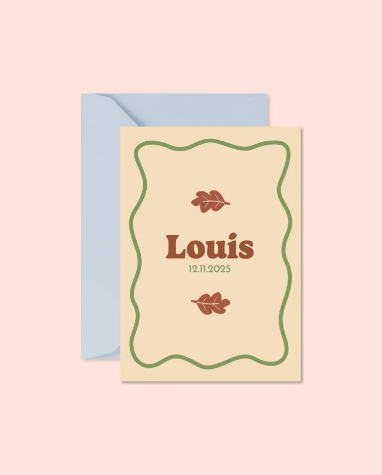 Faire-part de naissance marron, contour en vague vert et feuilles marrons