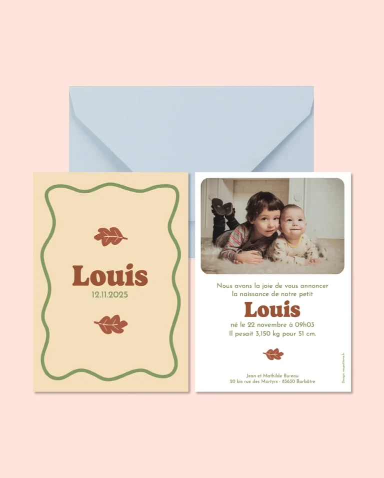 Faire-part de naissance marron, contour en vague vert et feuilles marrons