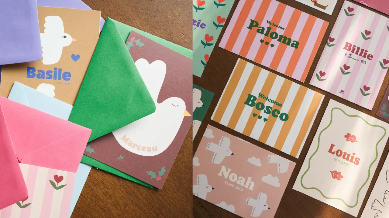 Faire-part colorés et classiques pour annoncer la naissance de son bébé.