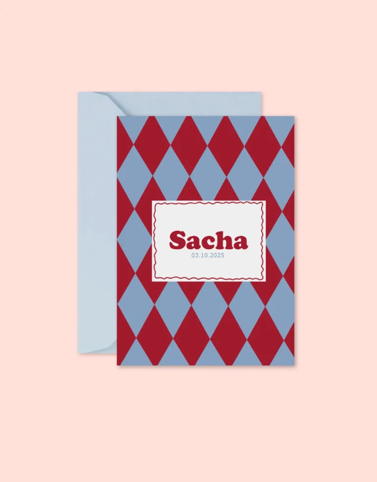 Faire part losange annonce naissance bébé bleu et bordeaux