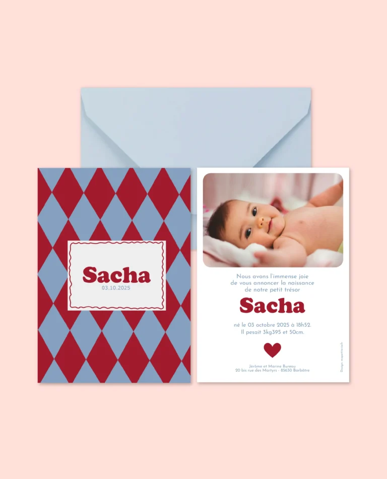 Faire part losange annonce naissance bébé bleu et bordeaux