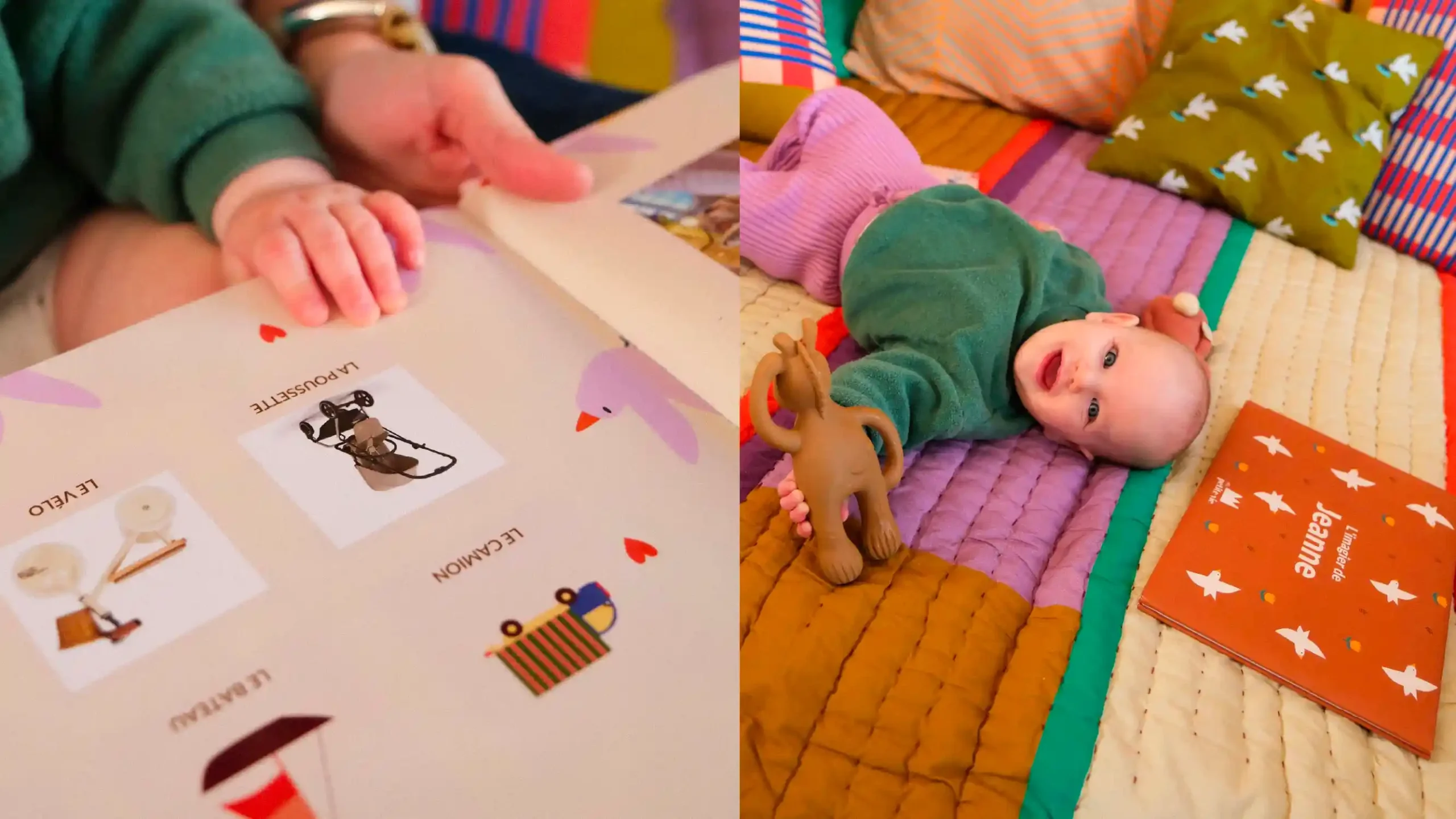 imagier personnalisé pour bébé avec un bébé qui lit son livre personnalisé