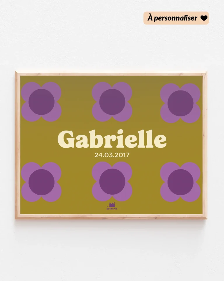 Affiche prénom rétro pour enfant : fond vert et fleurs rétro violettes.