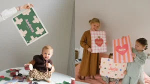 Photos d'enfants tenant leurs affiches prénoms personnalisées par ma petite vie.