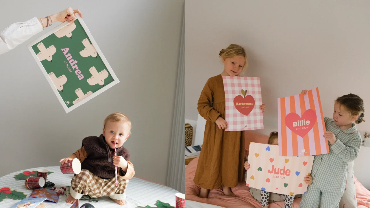 Photos d'enfants tenant leurs affiches prénoms personnalisées par ma petite vie.