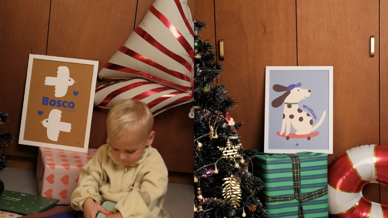 Photos des affiches ma petite vie avec des oiseaux, un enfant et un chien illustré qui fait du skate